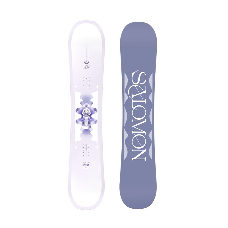 GRAPHIC VIEW OF SALOMON WOMENS LOTUS SNOWBOARD FEATURES FORGIVING PROFILE FOR PROGRESSION AND DIREC…