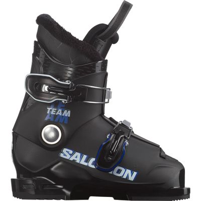 SIDE VIEW OF SALOMON YOUTH TEAM T2 DOWNHILL SKI BOOT FEATURES SOFT FLEX THAT HELPS KIDS STAY IN CON…