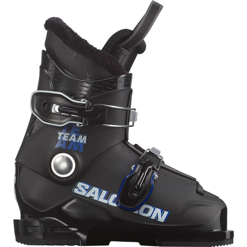 SIDE VIEW OF SALOMON YOUTH TEAM T2 DOWNHILL SKI BOOT FEATURES SOFT FLEX THAT HELPS KIDS STAY IN CON…