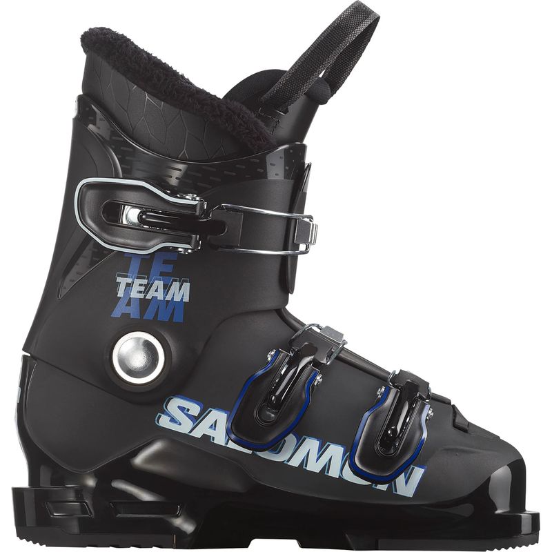 SIDE VIEW OF SALOMON YOUTH TEAM T3 DOWNHILL SKI BOOT FEATURES SOFT FLEX THAT HELPS KIDS STAY IN CON…