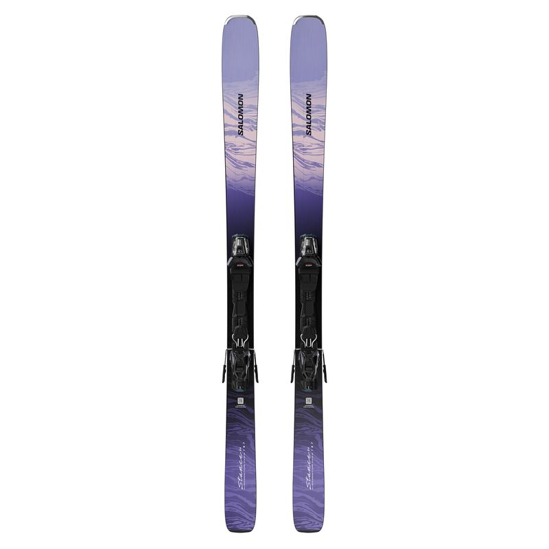 TOPSHEET VIEW OF SALOMON WOMENS STANCE 84 + M11 DOWNHILL SKIS FEATURES POPLAR WOOD CORE AND TITANAL…