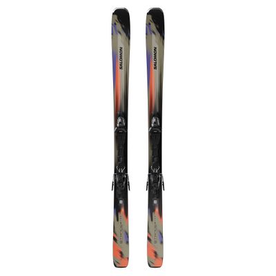 TOPSHEET VIEW OF SALOMON MENS STANCE 80 + M11 DOWNHILL SKIS FEATURES WOOD CORE FOR STABILITY AND DY…