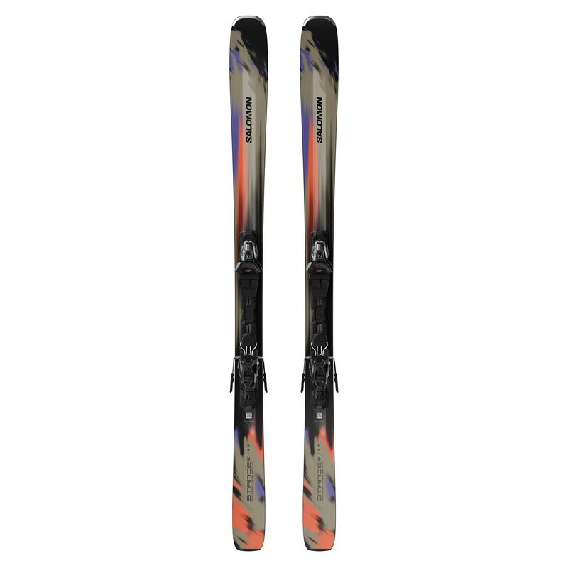 TOPSHEET VIEW OF SALOMON MENS STANCE 80 + M11 DOWNHILL SKIS FEATURES WOOD CORE FOR STABILITY AND DY…