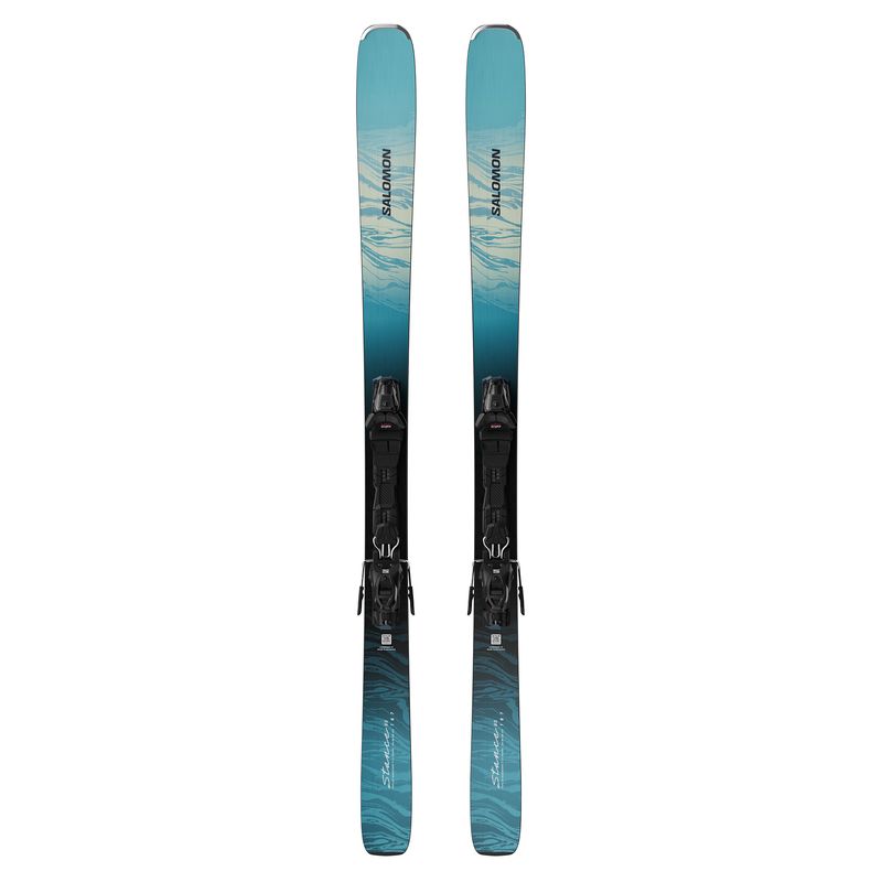 TOPSHEET VIEW OF SALOMON WOMENS STANCE 80 + M10 DOWNHILL SKIS FEATURES WOOD CORE FOR STABILITY AND …