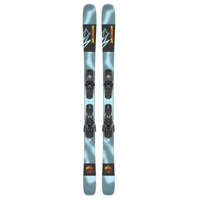 TOPSHEET VIEW OF SALOMON MENS QST SPARK + M10 DOWNHILL SKIS FEATURES POPPY WOOD CORE AND TWIN TIP D…