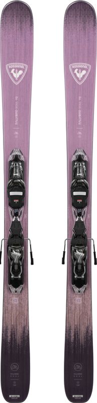 TOPSHEET VIEW OF ROSSIGNOL WOMENS RALLYBIRD SOUL 92 W/ XP11 GW DOWNHILL SKIS FEATURES TWIN TIP SHAPE