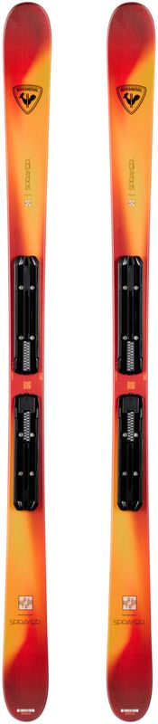 TOPSHEET VIEW OF ROSSIGNOL YOUTH SPRAYER PRO W/ XP10 GW DOWNHILL SKIS FEATURES TWIN TIP SHAPE AND L…