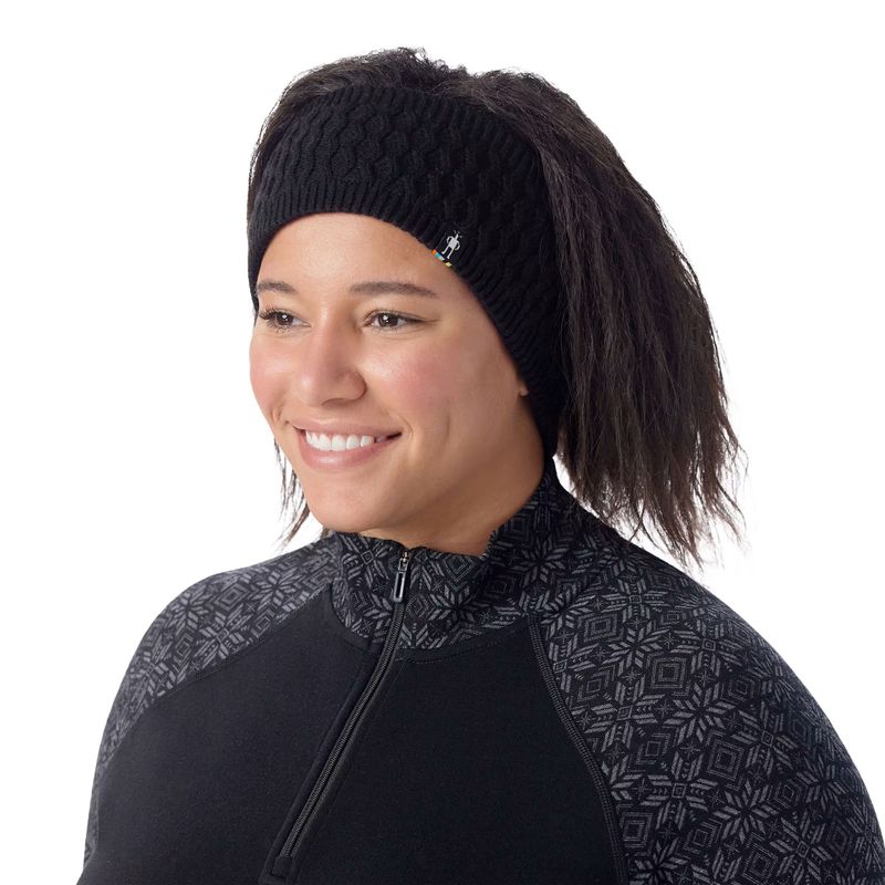 FRONT MODEL VIEW OF SMARTWOOL UNISEX FLEECE LINED HEADBAND FEATURES PLUSH FLEECE LINING AND TEMPERA…
