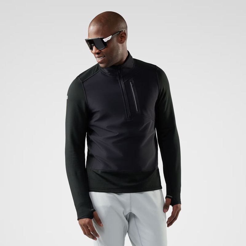 FRONT VIEW OF SMARTWOOL MENS ACTIVE FLEECE WIND 1/2 ZIP SWEATER FEATURES 4-WAY STRETCH FABRIC AND W…