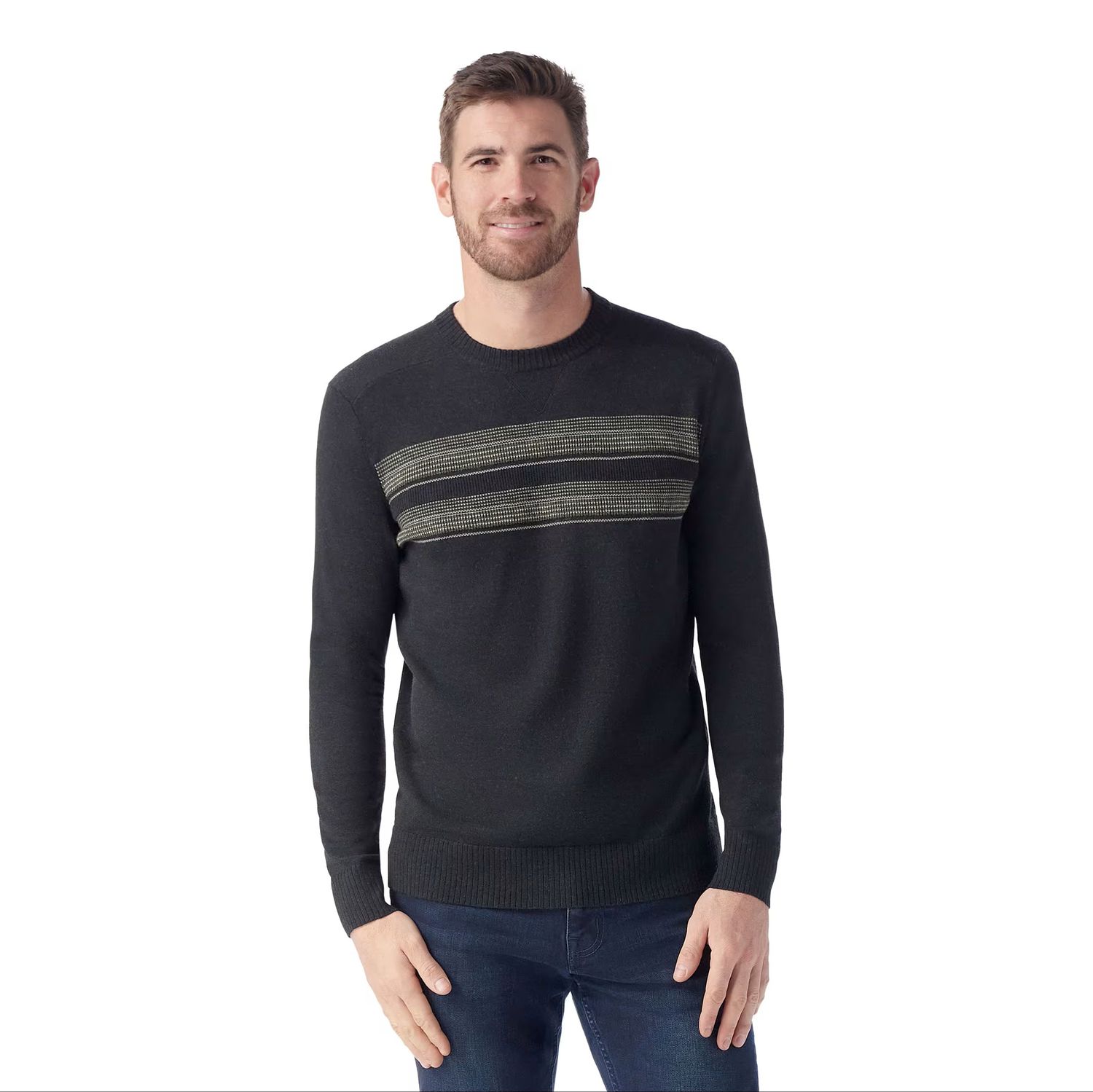 MAIN IMAGE OF SMARTWOOL MENS SPARWOOD STRIPE CREW SWEATER IN CHARCOAL/WINTER MOSS SMALL WITH CASUAL…