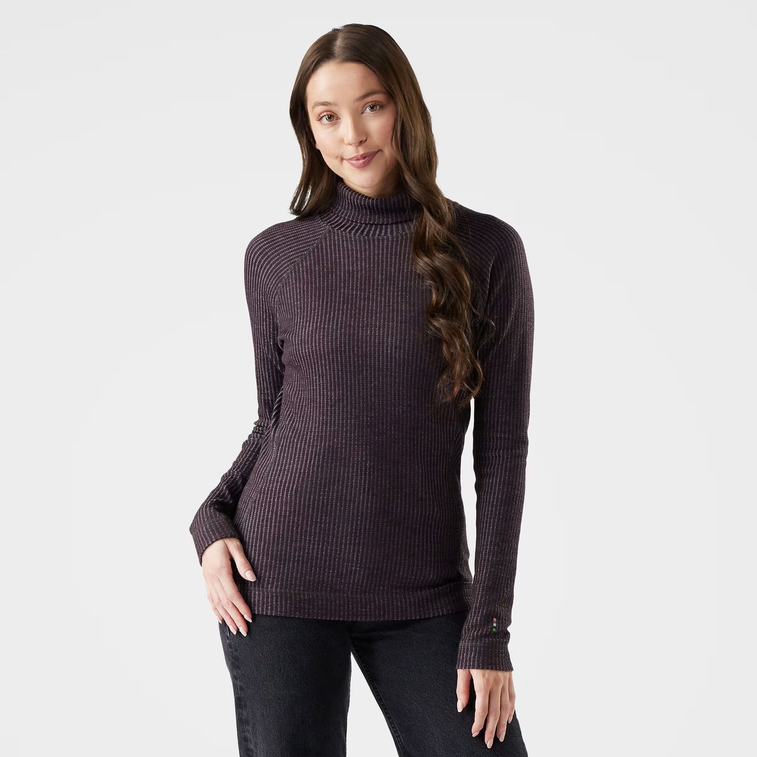 MAIN IMAGE OF SMARTWOOL WOMENS THERMAL MERINO RIB TURTLENECK SWEATER IN MINK/CHALK VIOLET HEATHER S…