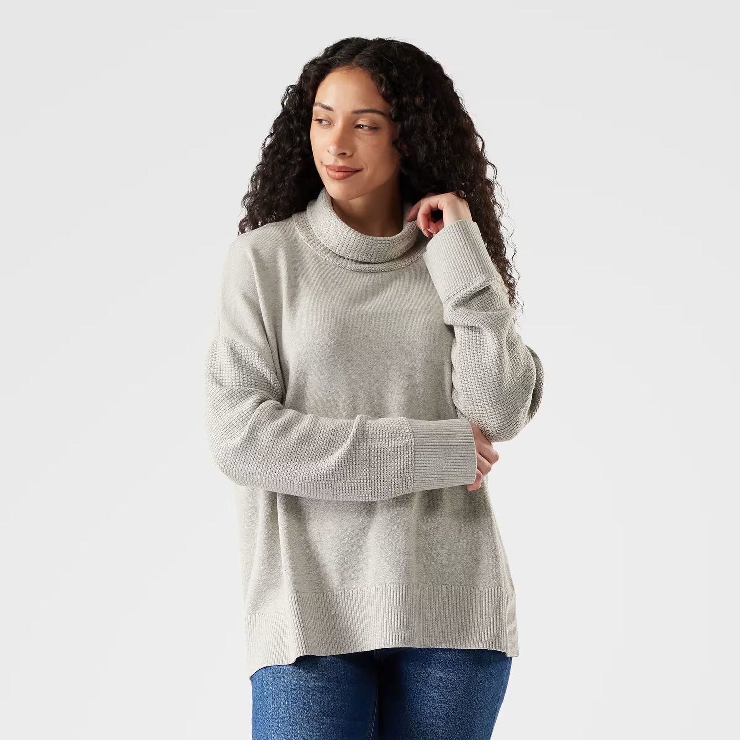 MAIN IMAGE OF SMARTWOOL WOMENS EDGEWOOD COWL NECK SWEATER IN ALMOND/LIGHT GRAY XS WITH RELAXED FIT …