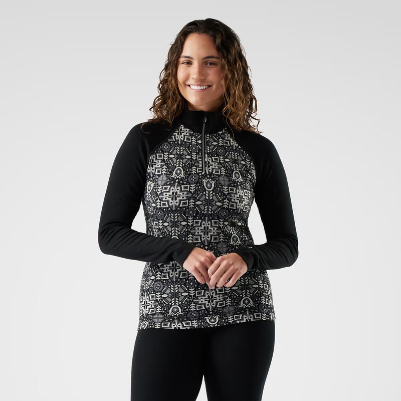FRONT VIEW OF SMARTWOOL WOMENS CLASSIC THERMAL MERINO 1/4 ZIP BASELAYER TOP FEATURES TEMPERATURE RE…