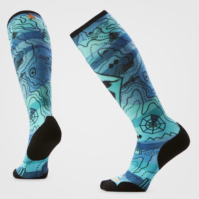 FRONT VIEW OF SMARTWOOL WOMENS SKI TARGETED CUSHION TOPO TREASURES PRINT OTC SOCKS FEATURES BREATHA…