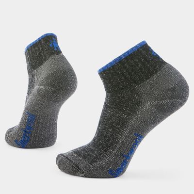 FRONT VIEW OF SMARTWOOL UNISEX HIKE CLASSIC EDITION LIGHT CUSHION SECOND CUT ANKLE SOCKS FEATURES I…