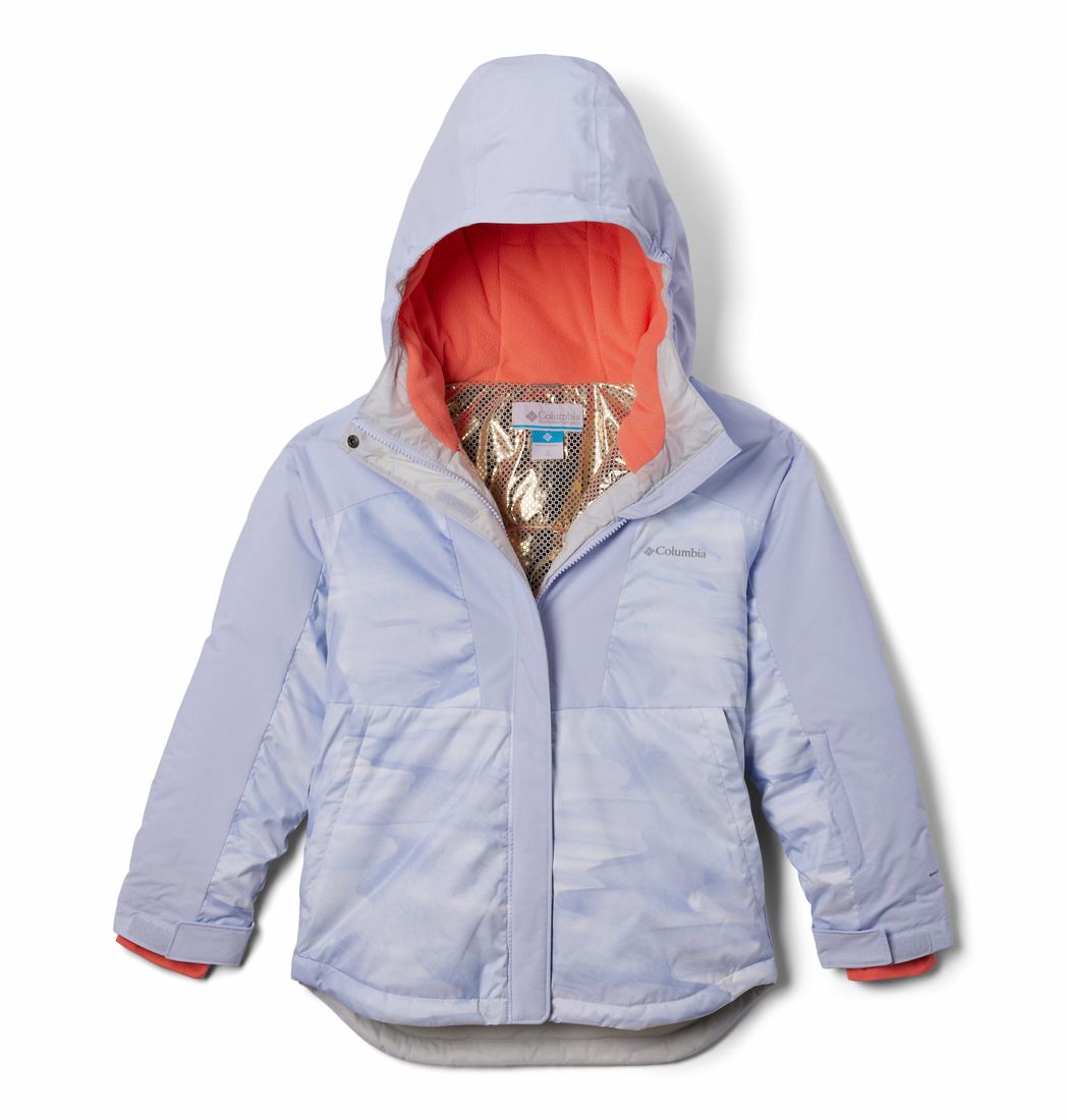 COLUMBIA YOUTH GIRLS MIGHTY MOGUL III PRINTED WINTER JACKET 25, Color: SNOWDRIFT WINDBLOWIN/SNOWDRIFT, Size: XXS