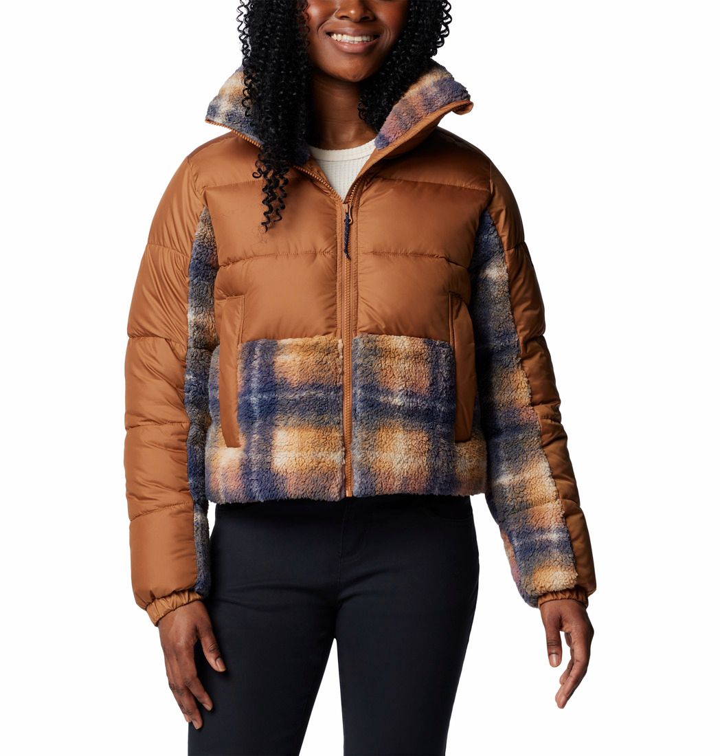 COLUMBIA WOMENS LEADBETTER POINT II PRINT SHERPA HYBRID WINTER JACKET 25, Color: CAMEL BROWN/NOCTURNAL OMBLUR PRINT, Size: XS