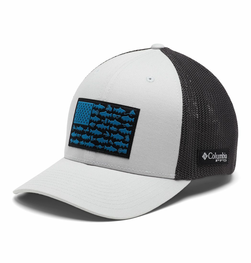 COLUMBIA UNISEX PFG FISH FLAG™ MESH BALL CAP 25, Color: COOL GREY/TROUT FLAG, Size: L/XL