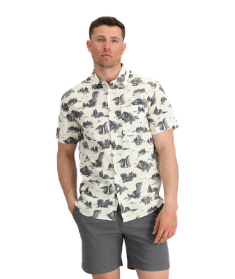 FRONT VIEW OF THE NORTH FACE MENS BAYTRAIL PATTERN SHORT SLEEVE SHIRT WITH DROP-IN CHEST POCKET