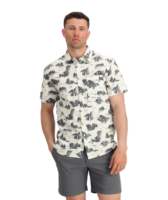 FRONT VIEW OF THE NORTH FACE MENS BAYTRAIL PATTERN SHORT SLEEVE SHIRT WITH DROP-IN CHEST POCKET