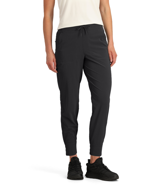FRONT VIEW OF THE NORTH FACE WOMENS NEVER STOP WEARING JOGGER WITH STRETCH FABRIC AND ZIP POCKETS