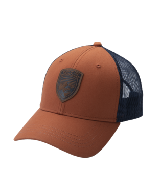 FRONT VIEW OF KUHL MENS RUSTIK BORN TRUCKER CAP IN RUST WITH BACK SNAP CLOSURE