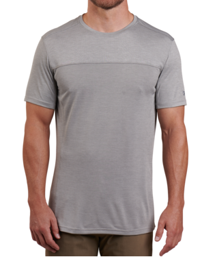 FRONT VIEW OF KUHL MENS ENGINEERED KREW SHORT SLEEVE SHIRT IN CLOUD GRAY WITH KÜHLDRY® AKTIV KNIT