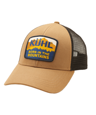 FRONT VIEW OF KUHL MENS RIDGE TRUCKER CAP IN DARK KHAKI WITH BACK SNAP CLOSURE