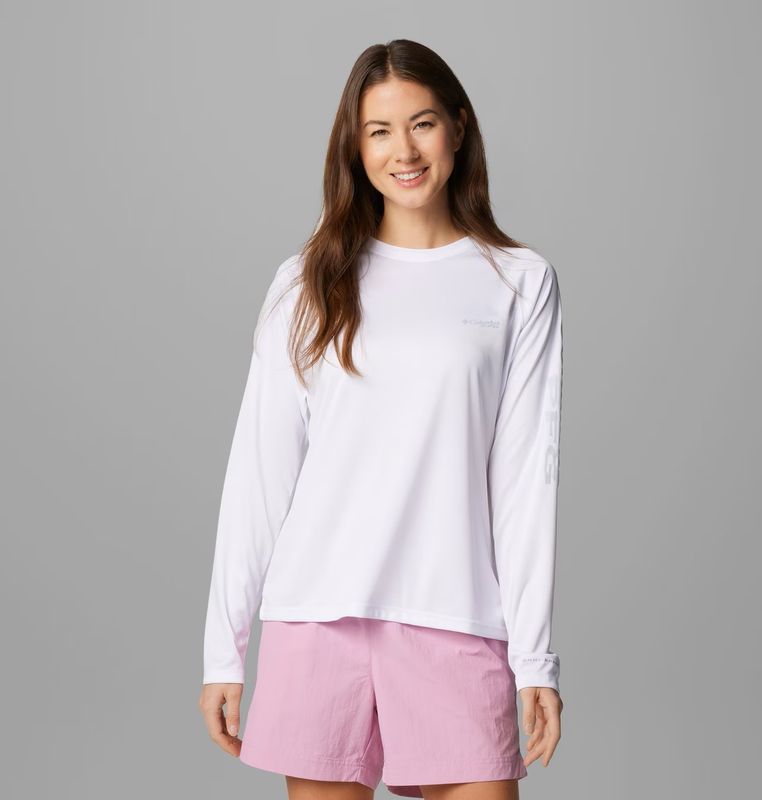 FRONT VIEW OF COLUMBIA WOMENS TIDAL TEE II LONG SLEEVE SHIRT FEATURES UPF 50 SUN PROTECTION AND MOI…
