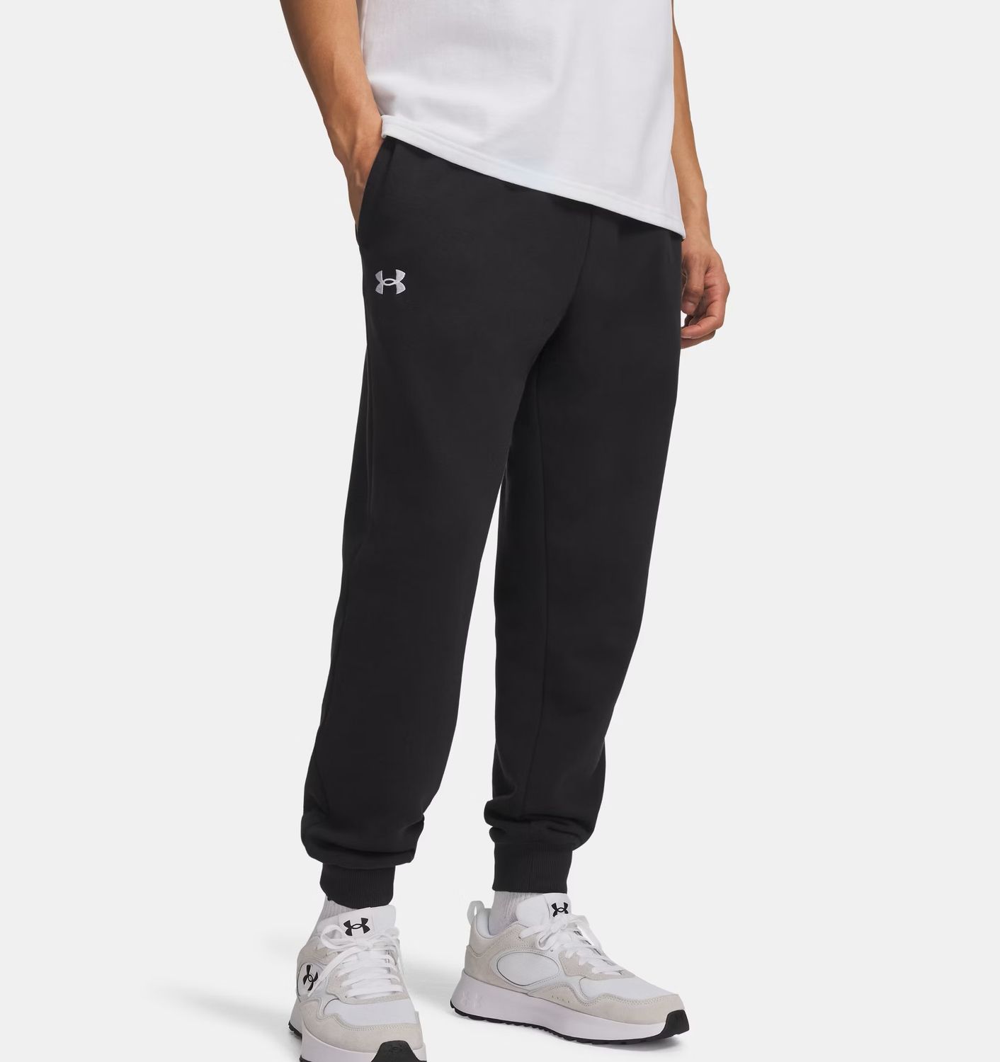 MAIN IMAGE OF UNDER ARMOUR MENS RIVAL FLEECE JOGGER IN BLACK/WHITE SMALL WITH ULTRA-SOFT COTTON-BLE…