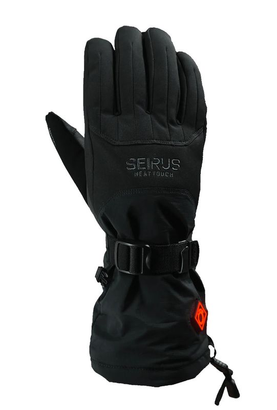 BACK OF HAND VIEW OF SEIRUS MENS HEAT TOUCH™ ST ATLAS™ GLOVE FEATURES HEATED RECHARGEABLE BATTERY A…