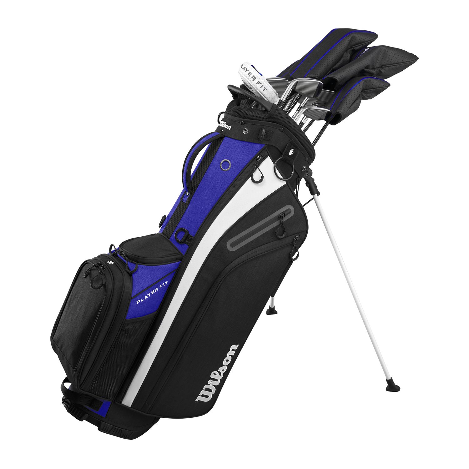 WILSON MENS 12-PIECE PLAYER FIT STAND BAG BOX SET, Hand: RIGHT, Shaft: STIFF STEEL, Color: BLACK/BLUE/WHITE