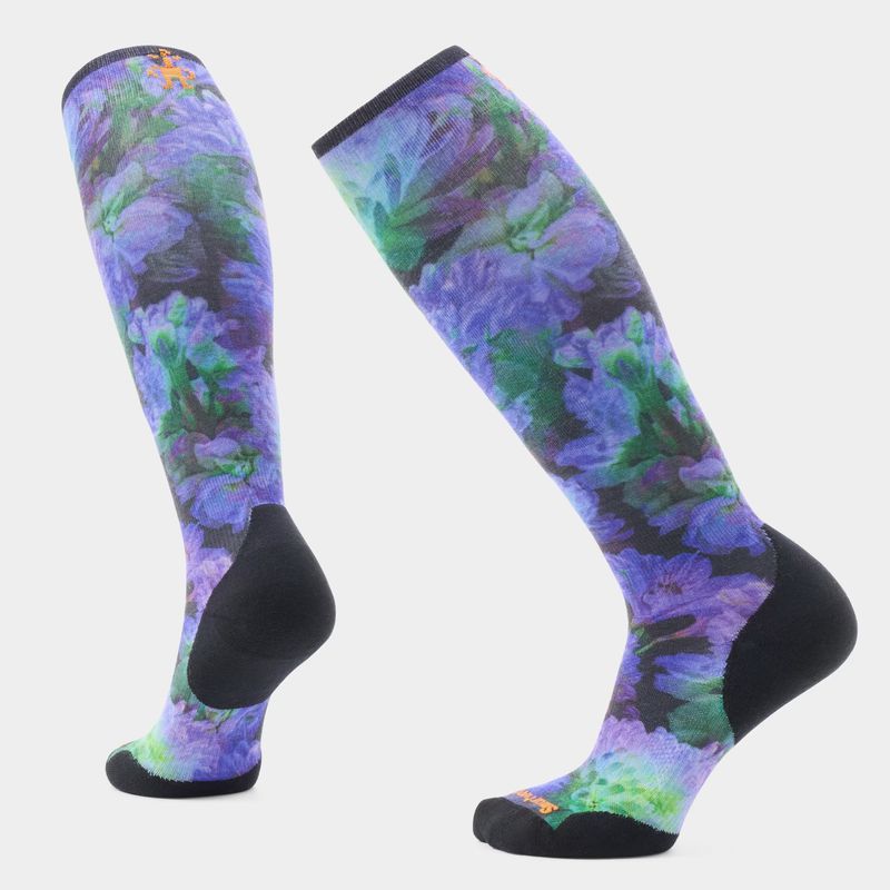 FRONT VIEW OF SMARTWOOL WOMENS SKI TARGETED CUSHION ELECTRIC LOTUS PRINT OTC SOCKS FEATURES SECURE …