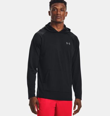 FRONT VIEW OF UNDER ARMOUR MENS TECH 2.0 HOODIE FEATURES WICKS SWEAT FOR QUICK-DRYING AND FRONT KAN…