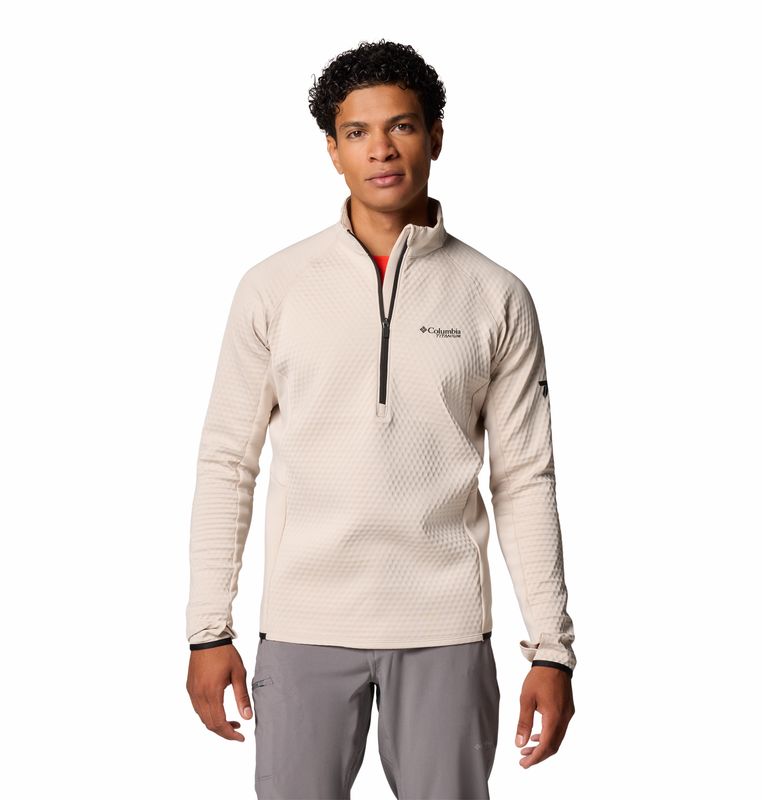 FRONT VIEW OF COLUMBIA MENS CRYSTAL LEAF™ OMNI-HEAT™ HELIX HALF ZIP SWEATER FEATURES LIGHT WARMTH A…