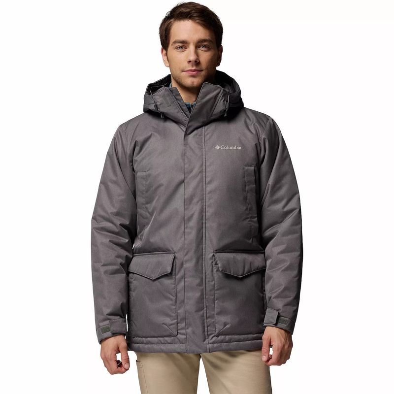 FRONT VIEW OF COLUMBIA MENS PINES LAKE™ PARKA FEATURES WATER REPELLENCY AND OMNI-HEAT™ REFLECTIVE F…