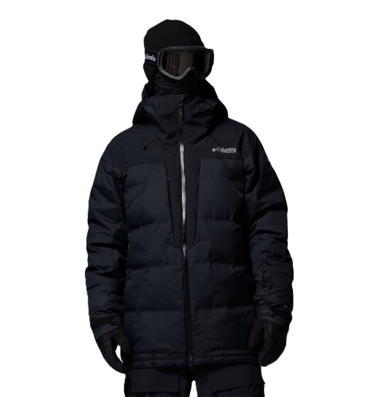 FRONT VIEW OF COLUMBIA MENS GLACIER RIDGE™ DOWN WINTER JACKET FEATURES HELMET-COMPATIBLE HOOD AND M…