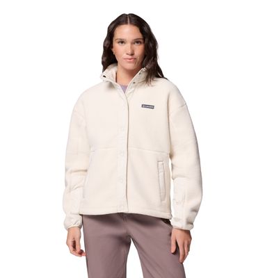 FRONT VIEW OF COLUMBIA WOMENS CLOUD POINT™ SNAP FLEECE SWEATER FEATURES PLUSH SHERPA FLEECE AND FRO…