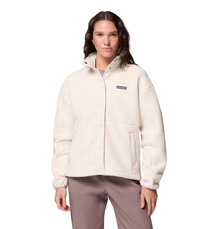 FRONT VIEW OF COLUMBIA WOMENS CLOUD POINT™ SNAP FLEECE SWEATER FEATURES PLUSH SHERPA FLEECE AND FRO…