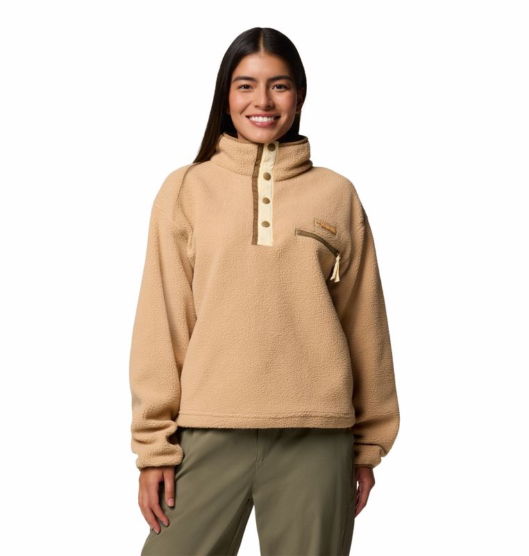 FRONT VIEW OF COLUMBIA WOMENS HELVETIA™ II CROPPED HALF SNAP FLEECE SWEATER FEATURES SOFT SHERPA FL…