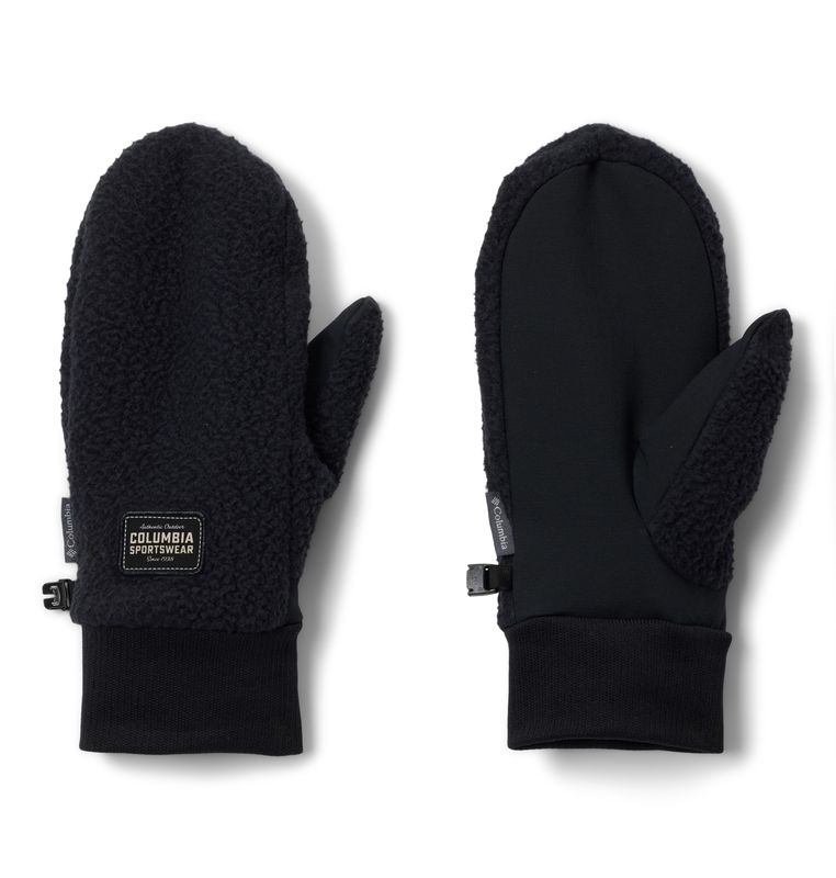PALM &amp; BACK OF HAND VIEW OF COLUMBIA WOMENS JUNIPER PEAK™ SHERPA MITTEN FEATURES SOFT SHERPA FLEECE…