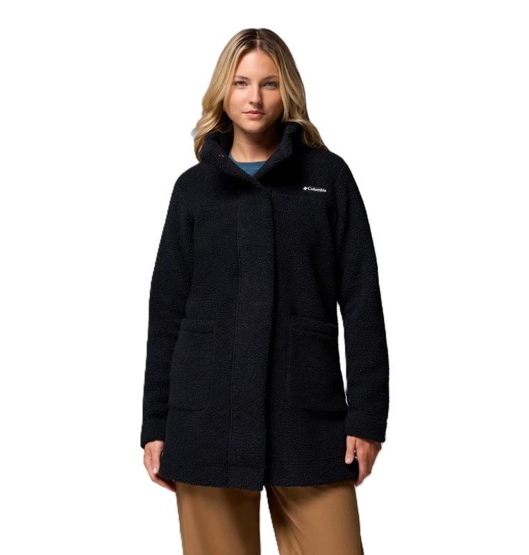 FRONT VIEW OF COLUMBIA WOMENS PANORAMA™ LONG WINTER JACKET FEATURES SHERPA FLEECE WITH MEDIUM WARMT…