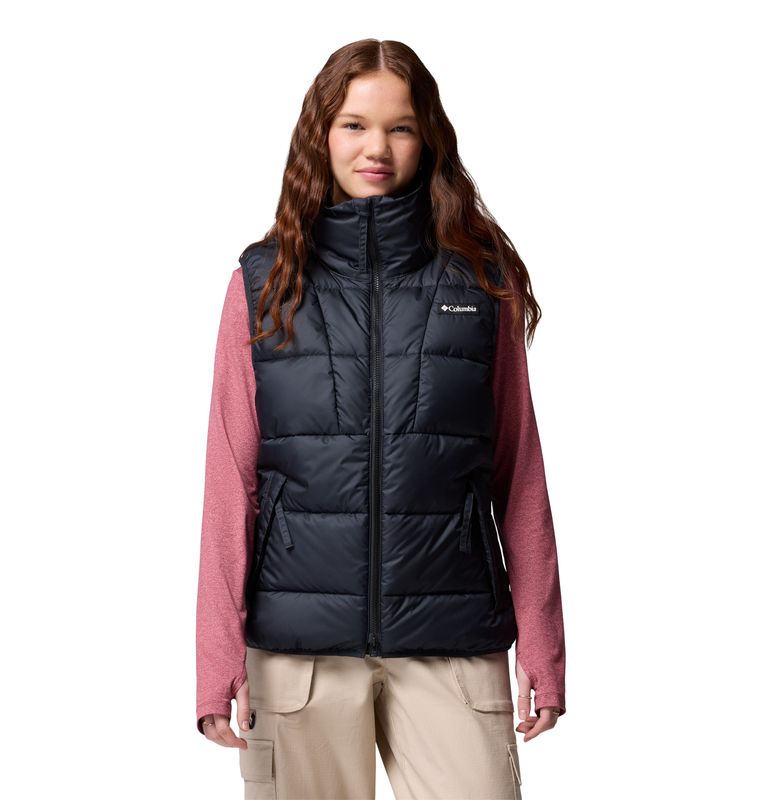 FRONT VIEW OF COLUMBIA WOMENS PIKE LAKE™ III VEST FEATURES WATER REPELLENCY AND OMNI-HEAT™ FOR LIGH…