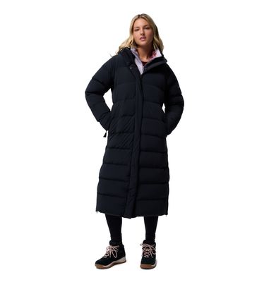 FRONT VIEW OF COLUMBIA WOMENS AMAZE PUFF™ LONG HOODED WINTER JACKET FEATURES WARM DOWN INSULATION A…
