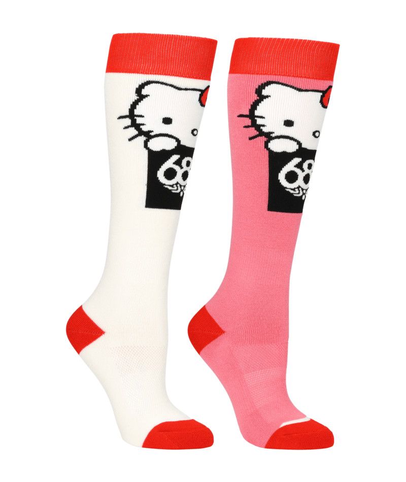 686 WOMENS HELLO KITTY (2-PACK) SOCKS 26, Color: HELLO KITTY WHITE/GERANIUM PINK, Size: S/M