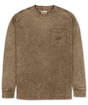 FRONT VIEW OF JETTY MENS TANKER ACID WASH LONG SLEEVE SHIRT FEATURES RELAXED FIT, 100% COTTON, AND …