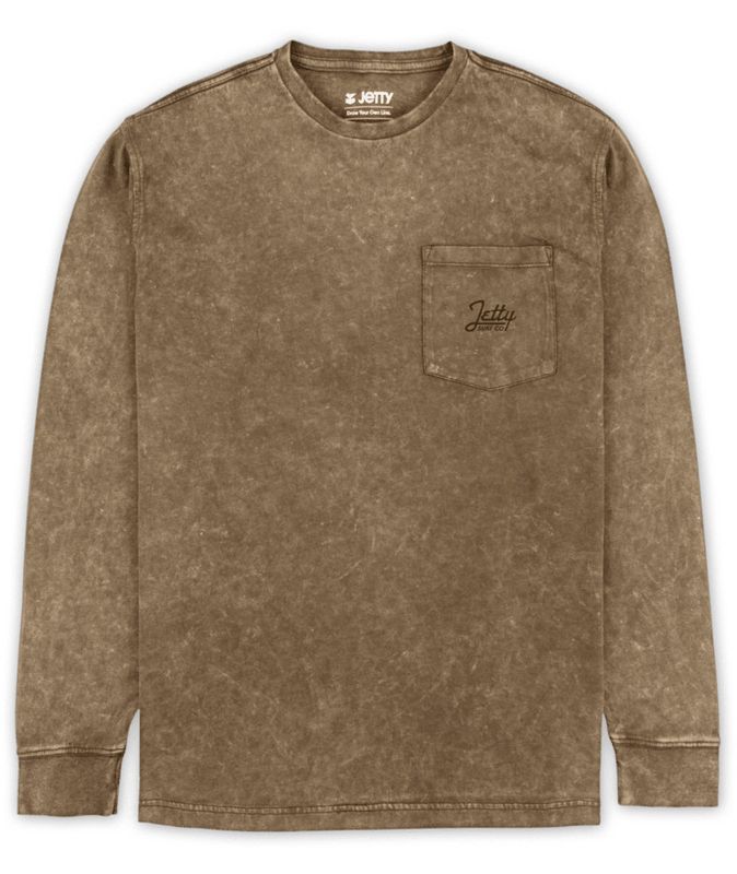 FRONT VIEW OF JETTY MENS TANKER ACID WASH LONG SLEEVE SHIRT FEATURES RELAXED FIT, 100% COTTON, AND …