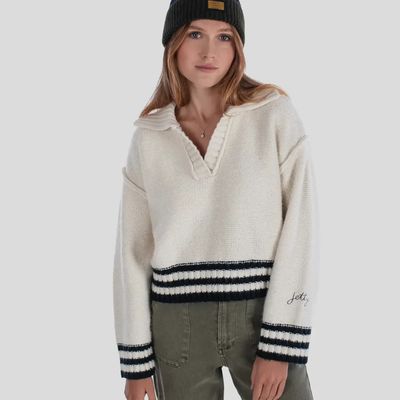 FRONT VIEW OF JETTY WOMENS TYBEE HENLEY SWEATER FEATURES WIDE SLEEVE, RIBBED COLLAR &amp; CUFFS, AND RE…