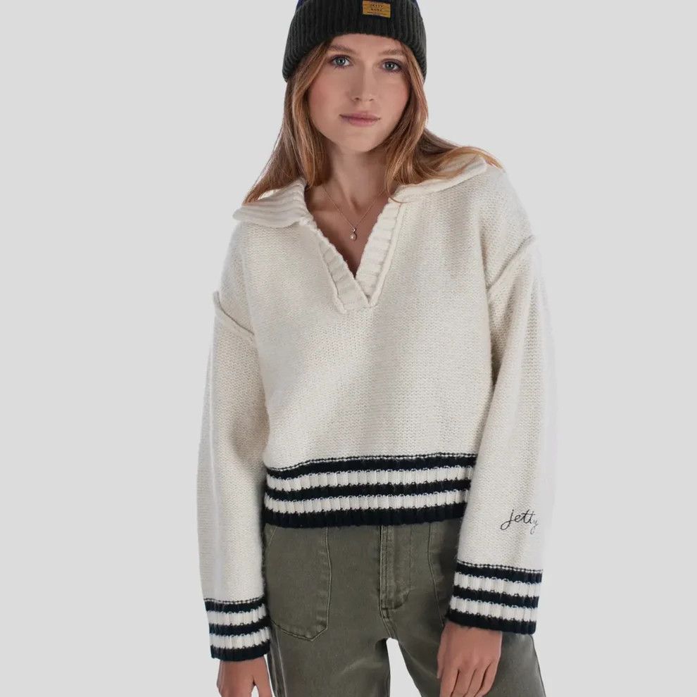 MAIN IMAGE OF JETTY WOMENS TYBEE HENLEY SWEATER IN IVORY SMALL WITH WIDE SLEEVE, RIBBED COLLAR &amp; CU…
