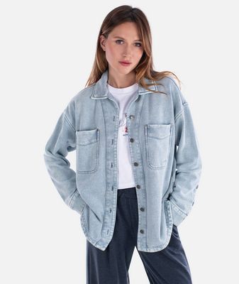 FRONT VIEW OF JETTY WOMENS EDEN KNIT LONG SLEEVE SHIRT FEATURES LARGE CHEST POCKETS, SOFT TERRY CLO…